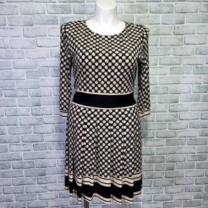 Eliza J Womens 12 Cream Black Geometric Pleated Skirt 3/4 Sleeve Fit Flare Dress